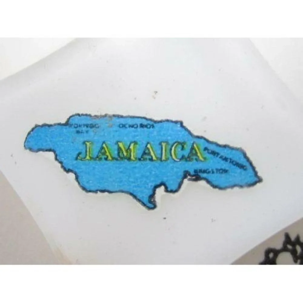 Vintage Jamaica Travel Souvenir Silver Tone‎ Keychain*Blue & White Resin Square